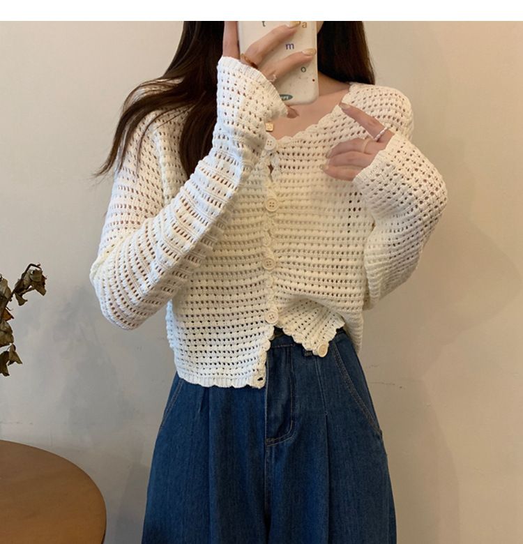 2024 Summer New Hollow Cardigan Women's Long Sleeve Outer Sunscreen Mesh Knitted Small Cover Coat Short Top_voghion.com