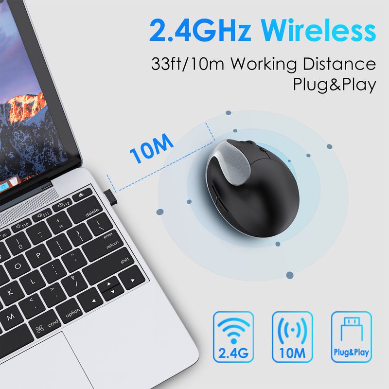 Mouse vertical ergonômico – sem fio 2.4G, 1600 DPI, programável com 6 teclas, recarregável/bateria, clique silencioso (preto/prata/rosa)_voghion.com