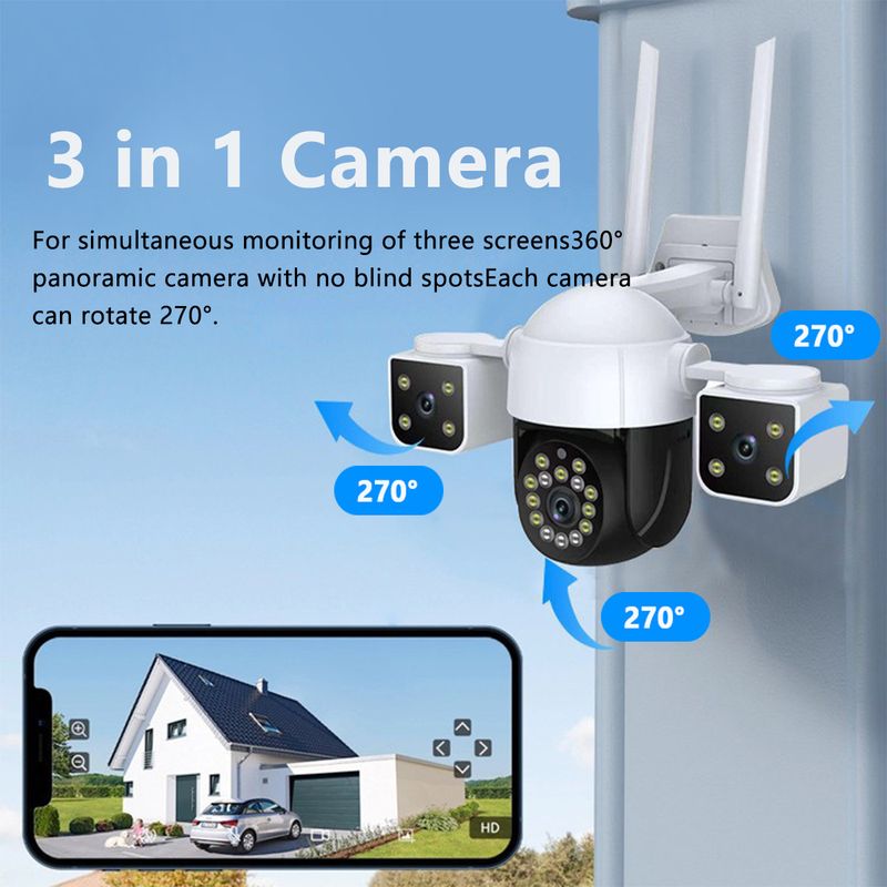 QD22 Three-screen Surveillance Camera WiFi Version Three-eye Ultra-high-definition Outdoor Waterproof Panoramic_voghion.com
