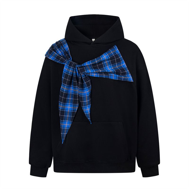 Felpa con cappuccio patchwork a quadri con lacci e farfalle, stile americano, marchio alla moda da uomo, design casual e ampio_voghion.com