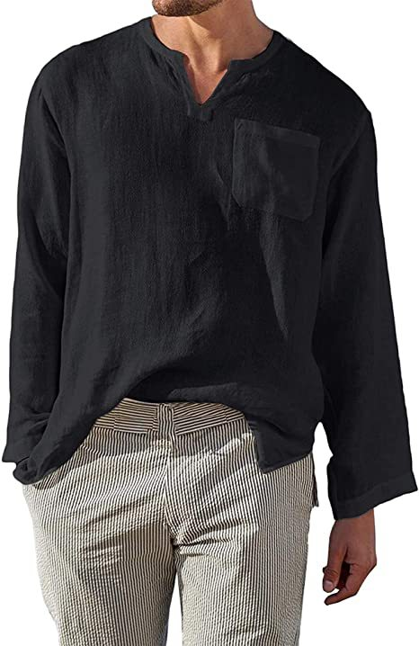 Unbeatable Quality Spring And Summer New Loose Multi-color Cotton Linen Long Sleeved For Men's Simple Standing Neck V-neck Shirt_voghion.com