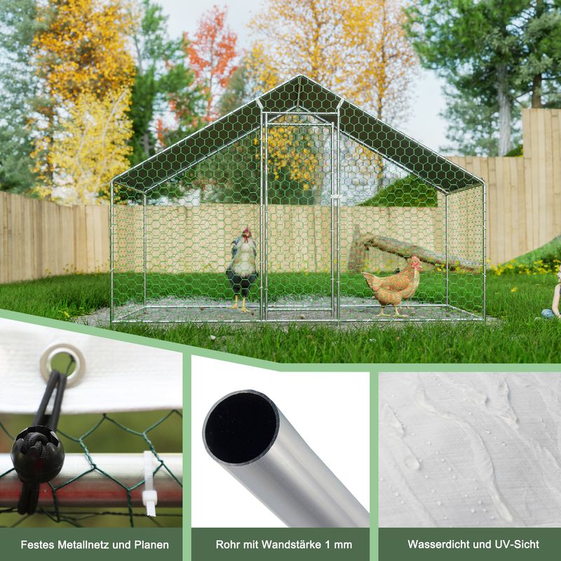 Hühnerstall Freilaufgehege 3x1,5x2m Mit Sicherheitsschloss Und Wasserdichtes PE-Tuch, Kleintiergehege Aus Metall Für Hühner, Kaninchen Und Weitere Kleintiere_voghion.com