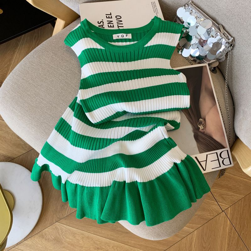 Women's Clothing Women's Summer New Sleeveless Striped Slim Vest Skirt Fishtail Dress Knitted Skirt Female_voghion.com