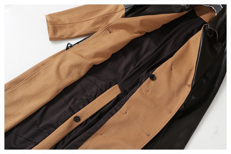 Trench in pelle intrecciata da donna, stile lungo, sopra il ginocchio, con lacci in vita, colore cachi, temperamento con giunture 1396_voghion.com