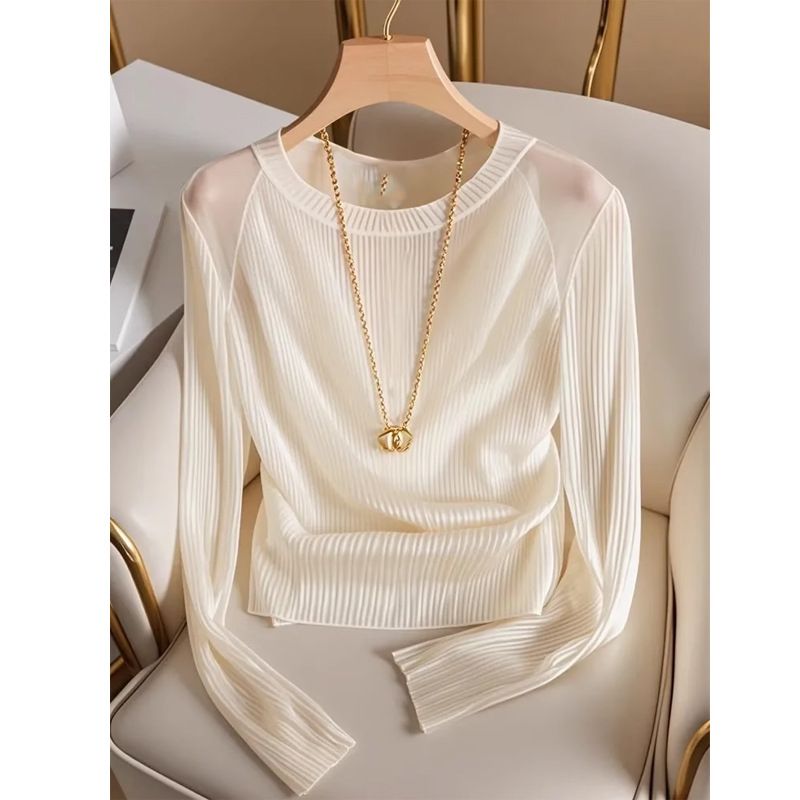 Nuovo stile di abbigliamento femminile per l'inizio dell'autunno, stile minimalista, maglietta bianca attillata a maniche lunghe per le donne, stile francese, temperamento semplice, dolce top_voghion.com