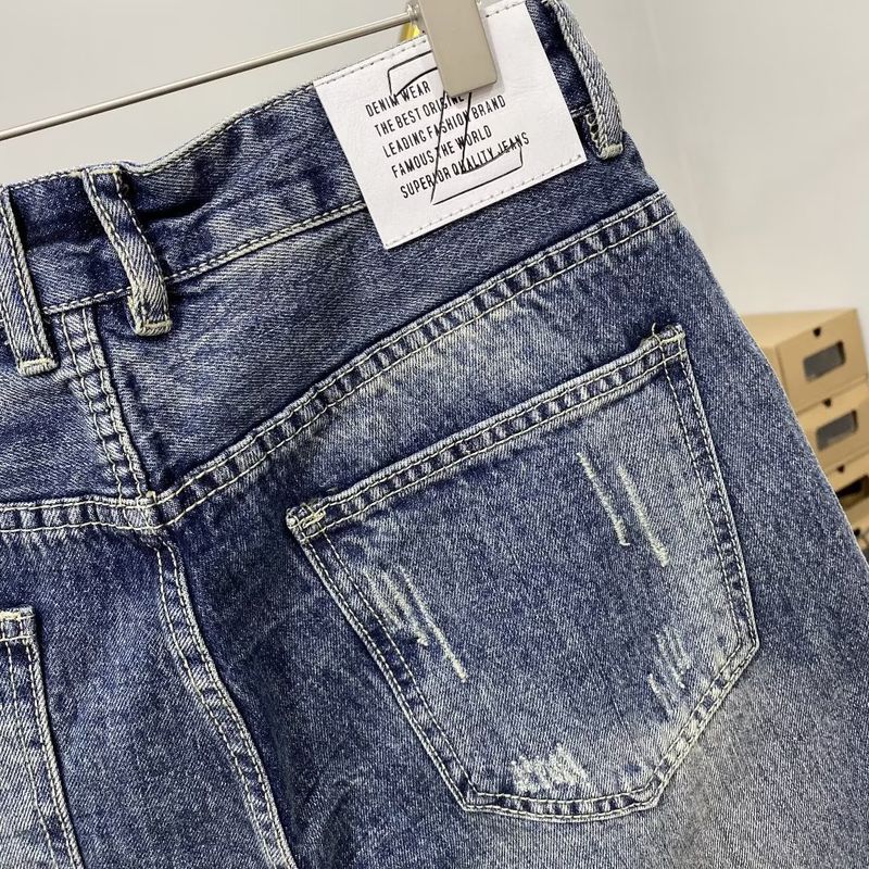 Vintage Light Blue Labeled Men's Denim Shorts - Slim Fit Stretch Summer Casual Shorts With Distressed Wash_voghion.com