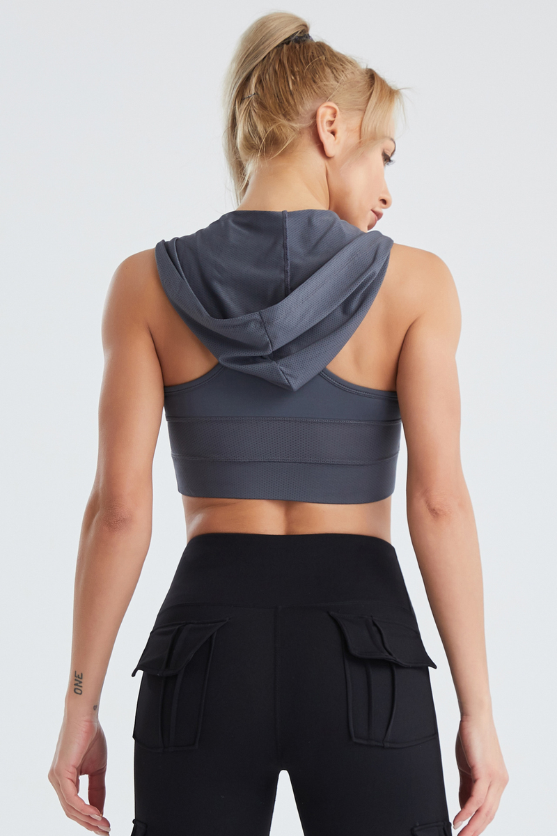 Cross-border hooded yoga wear for women summer mesh breathable quick-drying vest running nude sports bra with chest pads_voghion.com
