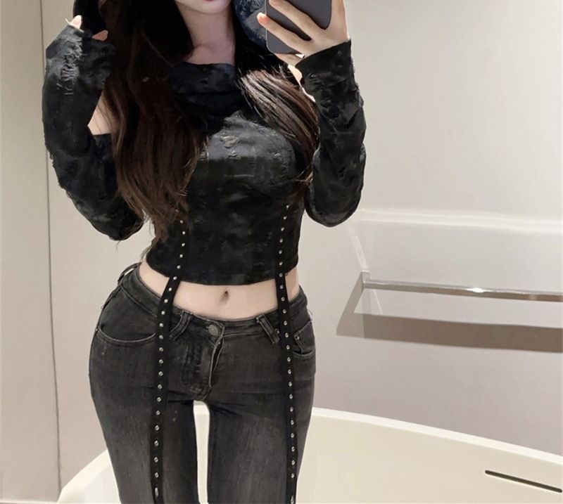 Abandoned soil style hand worn hooded off shoulder long sleeved T-shirt for women in summer 2024, slim and high waisted,_voghion.com