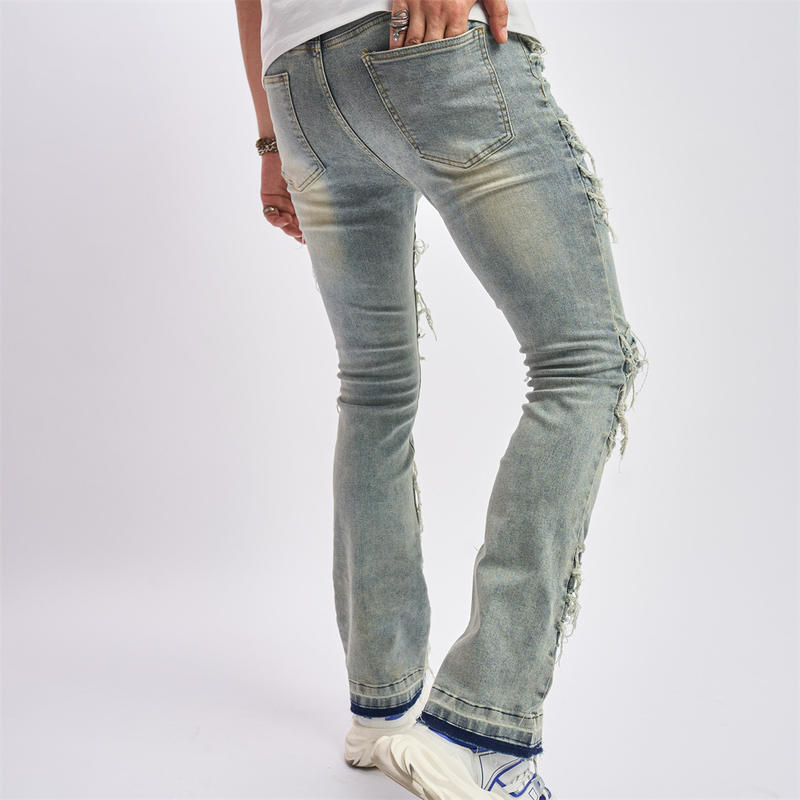 Novos jeans rasgados, tecido costurado com bigode de gato, calças largas elásticas da moda, calças casuais masculinas_voghion.com
