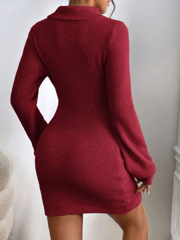 Damenbekleidung Kleid Modisches, schmal gestricktes, hohes Halsband, einfarbig, hüftgewickeltes Strickkleid_voghion.com