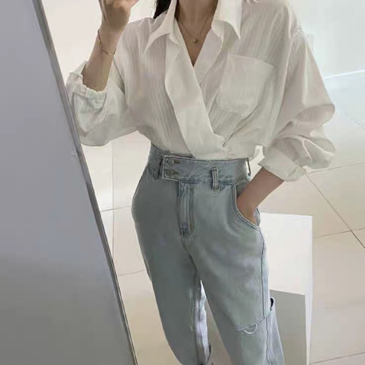 2024 Spring and Autumn New Korean Chic Gentle Striped White Collar Single breasted Loose Casual Long Sleeve Shirt_voghion.com