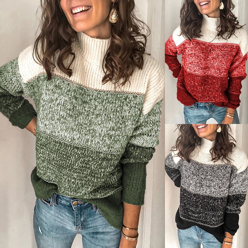 Damen-Strickpullover mit lässigem Oberteil in verschiedenen Farben, gestreiften Nähten und hohem Kragen in Kontrastfarbe_voghion.com