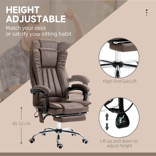 Microfiber High Back Office Chair Computer Chair With Heat 6 Points Adjustable Height Footrest Coffee_voghion.com