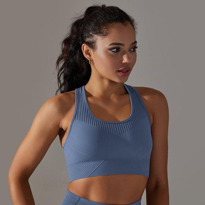 Bezszwowy, jednokolorowy, żakardowy, obcisły, czteroczęściowy strój do jogi, sportowy, do biegania i fitnessu_voghion.com