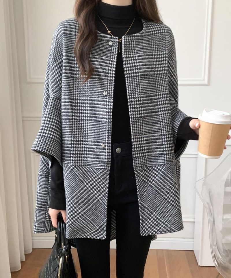 Women's Longline Plaid Cardigan Cape Coat - Casual Korean Style Oversized Tunic Jacket With Button Front_voghion.com