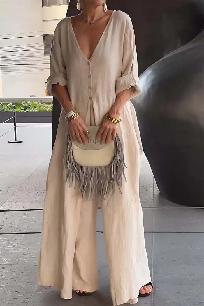 Dameskleding Zomer Katoenen en linnen jumpsuit Damesmode Effen kleur V-hals jumpsuit met knoopjes Mid-taille jumpsuit met wijde pijpen_voghion.com