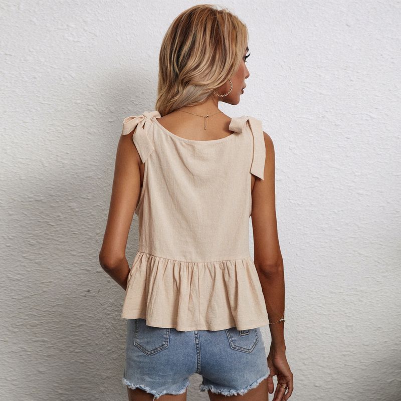 2023 T-shirt ampia e versatile da donna con cinturino al collo a U Canotta con cinturino dritto in cotone e canapa_voghion.com