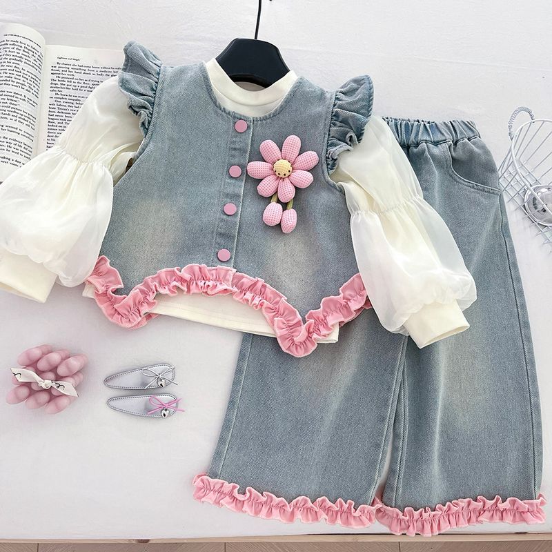 Completo in denim autunnale per bambine 2025, nuovo stile straniero, top e fondo elasticizzati, camicia e pantaloni a gamba larga, set da tre pezzi_voghion.com