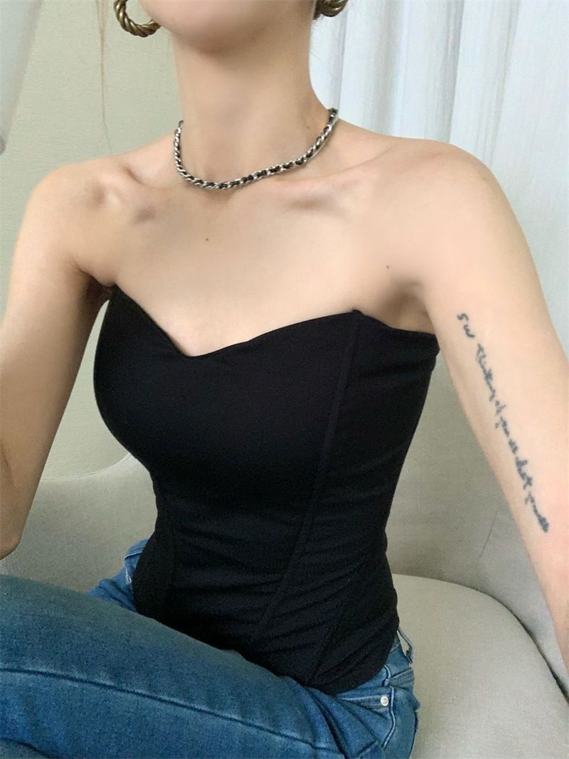 Würzige sexy Fischgrätenweste für Damen, Sommer, schwarz, elegant, trägerlos, kurzes Top für Innen- und Außenbekleidung_voghion.com