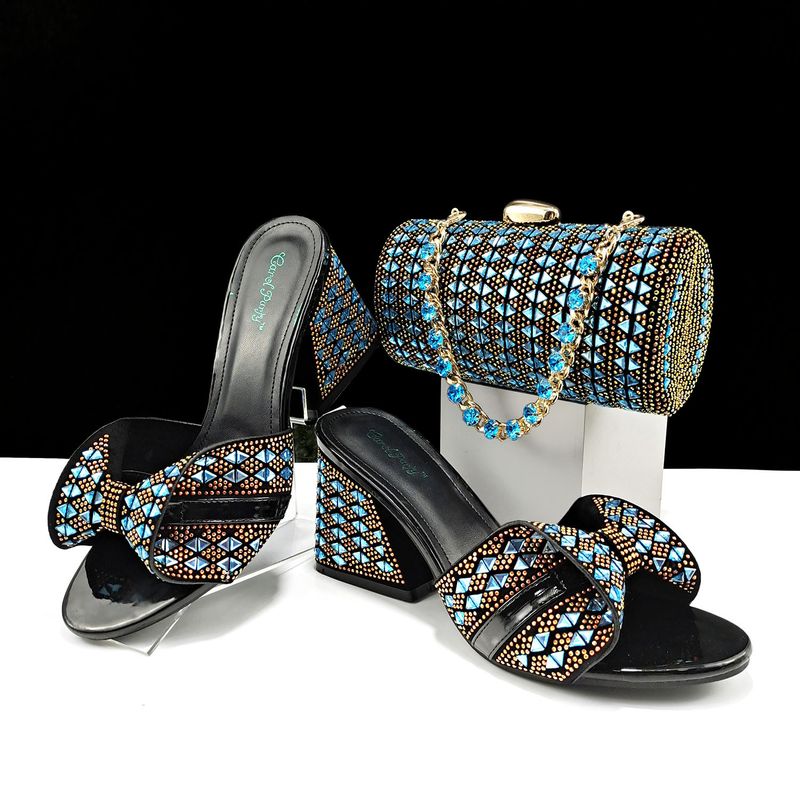 Set di scarpe e borse da donna Pantofole estive con tacco alto Decorazioni in strass color block Borsa cilindrica_voghion.com