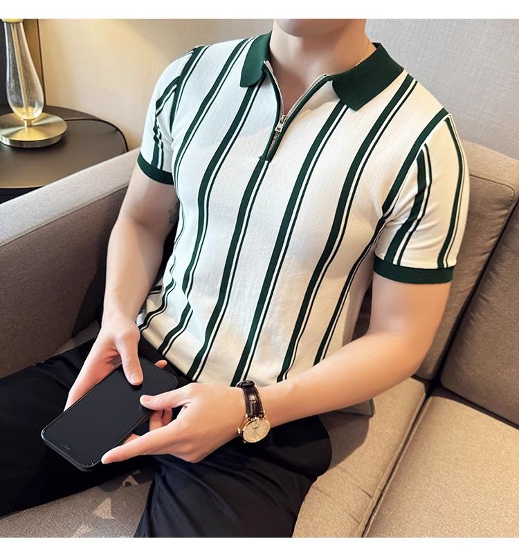 Abbigliamento maschile Polo da uomo in seta lavorata a maglia di alta qualità, a maniche corte, stile estivo, alla moda, a righe, con cerniera_voghion.com