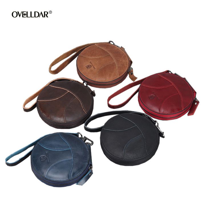 Genuine Leather Card Holder Round Purse Top Layer Cowhide Zipper Small Portable Handmade Storage Coin Organizer_voghion.com
