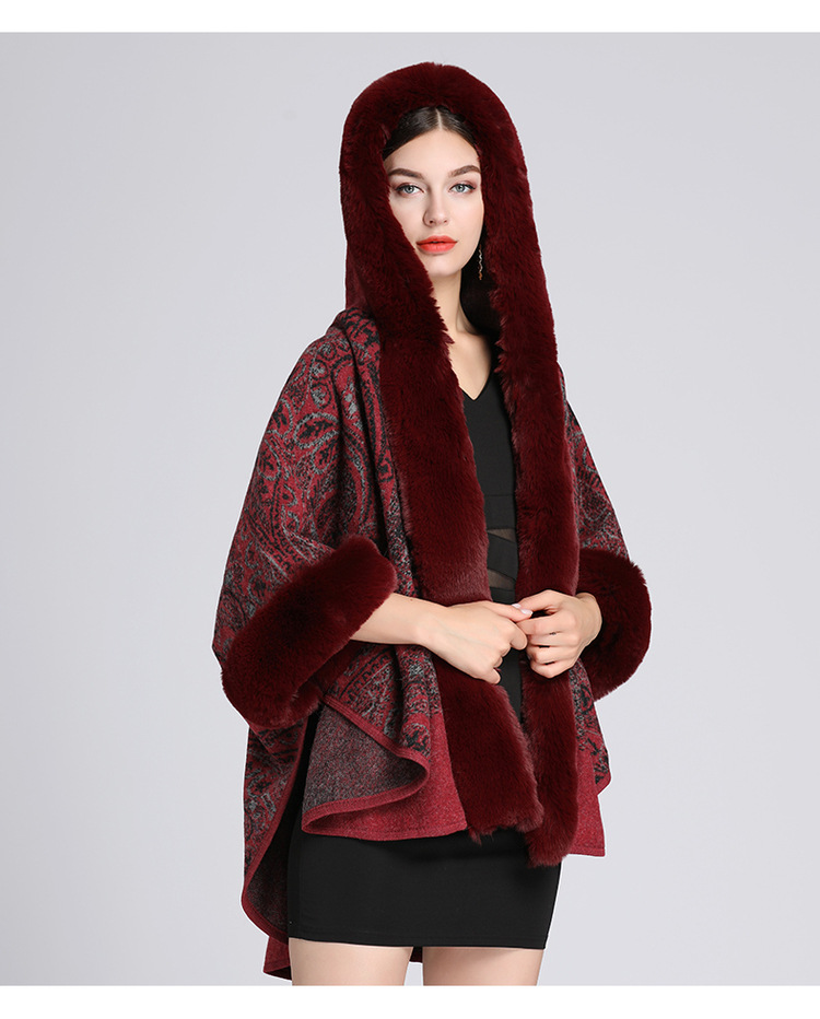 Cardigan in lana di grandi dimensioni con collo a scialle con cappuccio jacquard in pelliccia di coniglio rex di nuovo stile per donna_voghion.com
