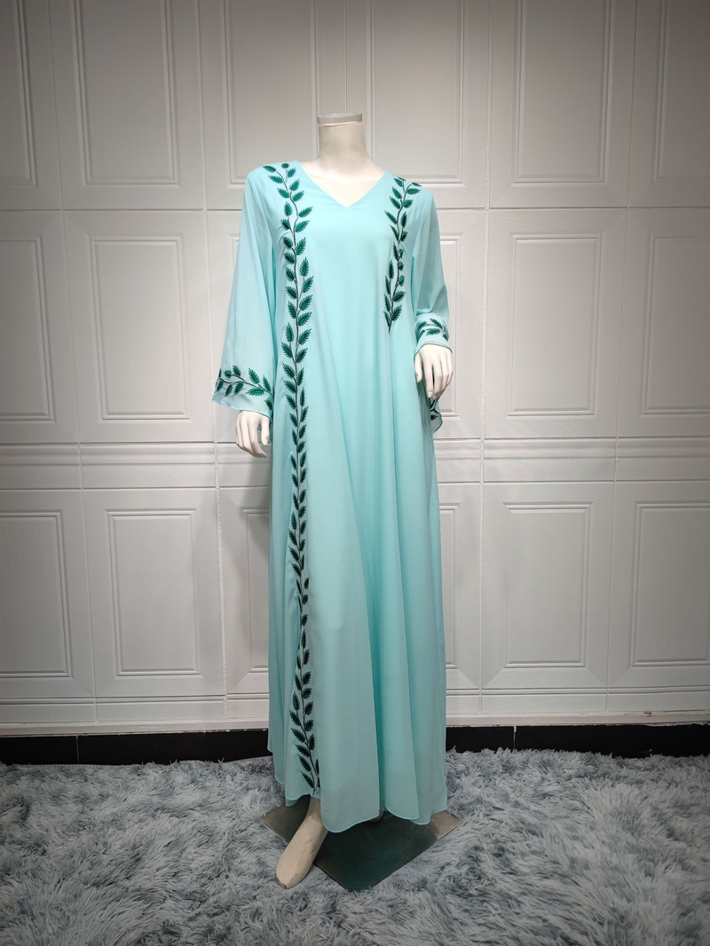 Damenmode Street Chiffon langes muslimisches besticktes rosafarbenes Rundhalskleid mit Hijab_voghion.com