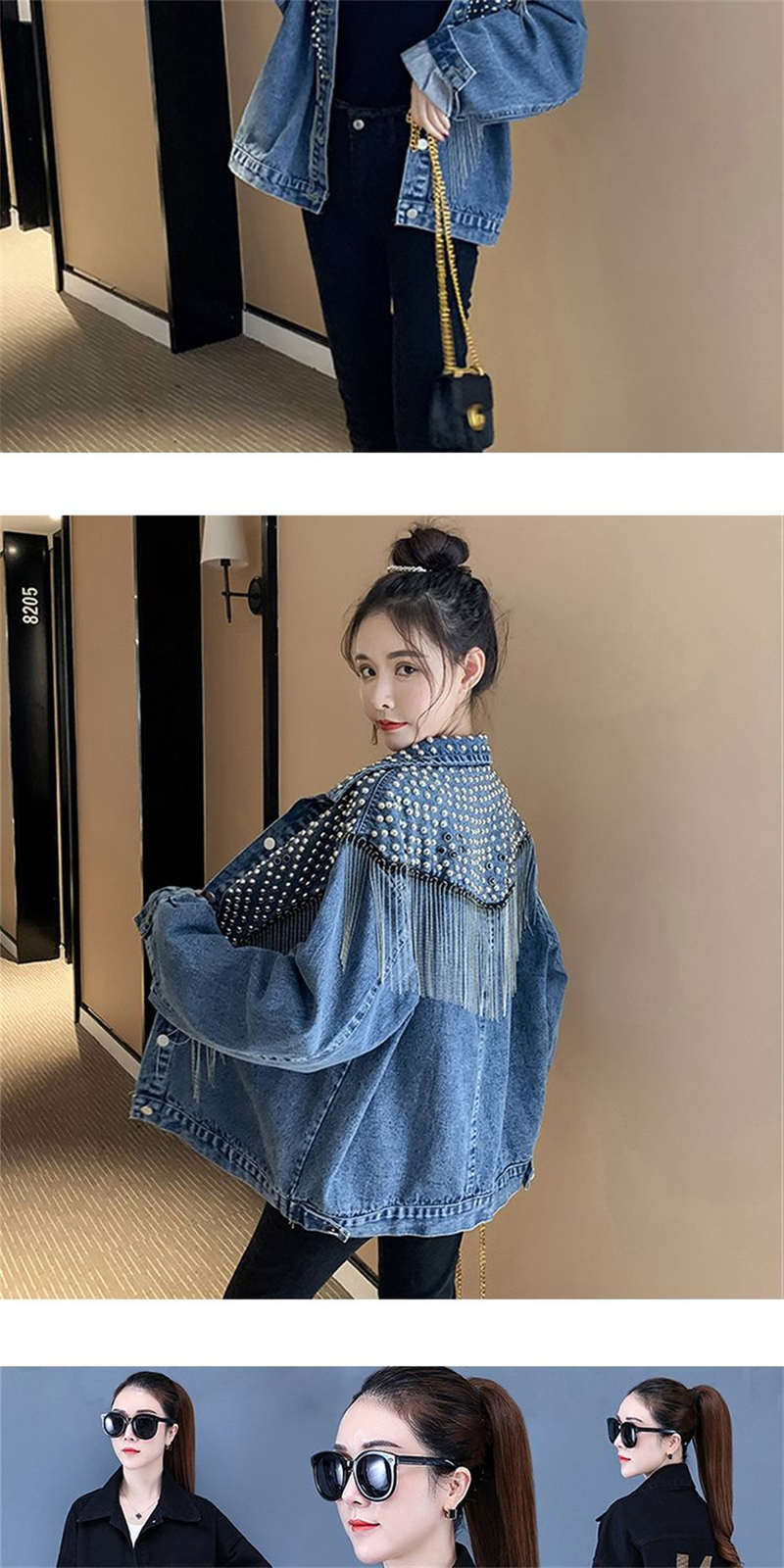 Chaqueta vaquera con remaches tachonados a mano para mujer, abrigo corto con borlas, chaqueta vaquera a la moda, abrigos negros Rock, novedad de primavera y otoño de 2023_voghion.com