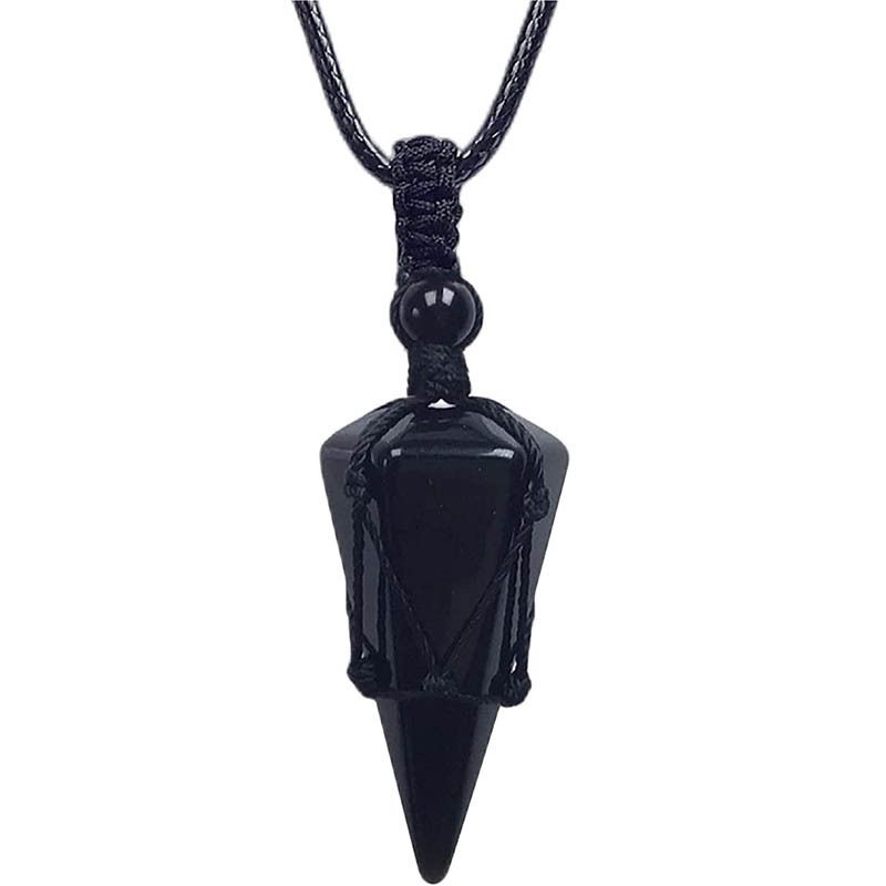 Hand-Woven Hexagonal Crystal Pendant Necklace - Natural Stone Cone With Adjustable Net Pocket & Pendulum Design_voghion.com