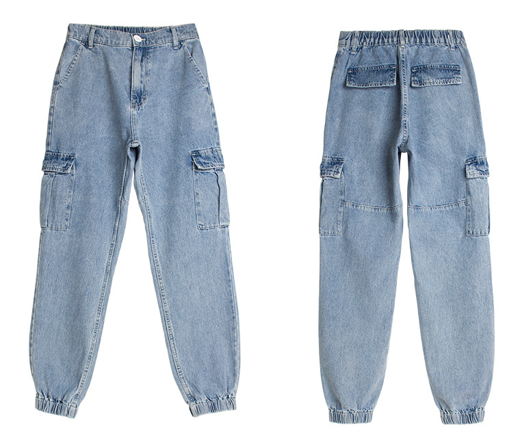 Women's clothing waist jeans Haren pants loose wide leg elastic waist large pocket cargo jeans_voghion.com