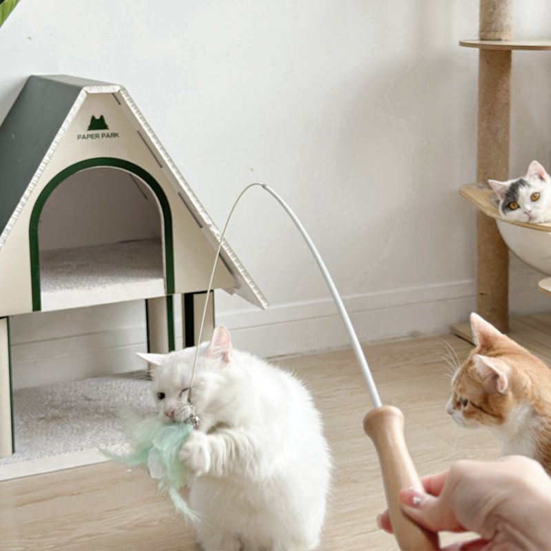 Flower blooming four seasons feather head cat teaser competition grade telescopic rod wooden handle bell feather replacement head cat toy_voghion.com