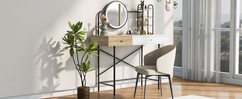 40 Inch Makeup Vanity Desk With 3-Mode Lighted Mirror & Wireless Charging Station,Vanity Table With Drawer & 3 Open Shelves For Ample Storage Space,Dressing Table For Bedroom_voghion.com