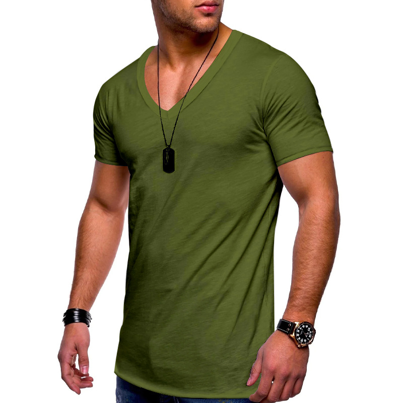 Men's v-neck solid color plus size casual short-sleeved t-shirt_voghion.com