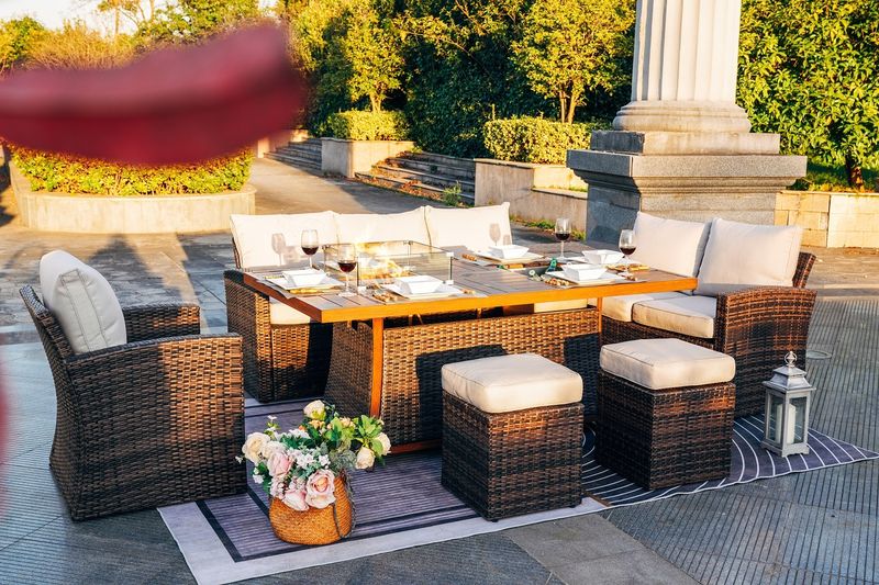 Direct Wicker 7 PCS Patio Conversational Sofa Set With Gas Firepit and Ice Container Dining Table_voghion.com
