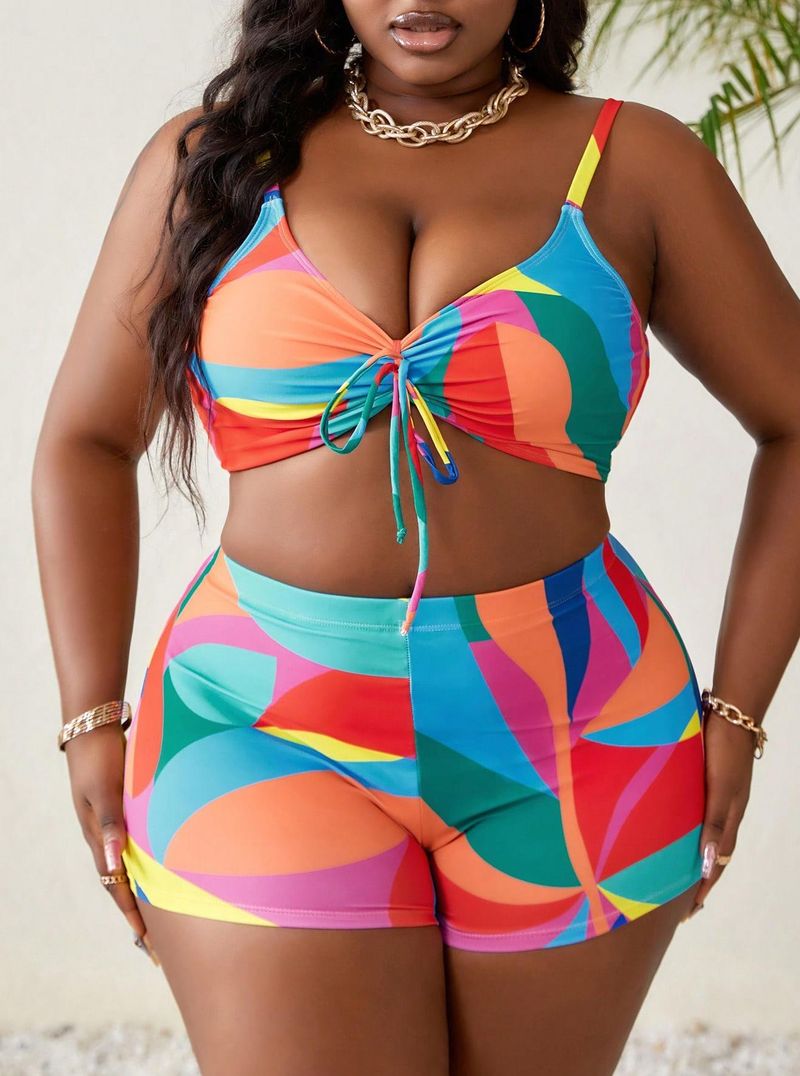 Women's Floral Print Cover-Up Swimsuit Set - Sheer Beach Tunic With Bikini & Sarong - Plus Size Swimwear For Pool_voghion.com