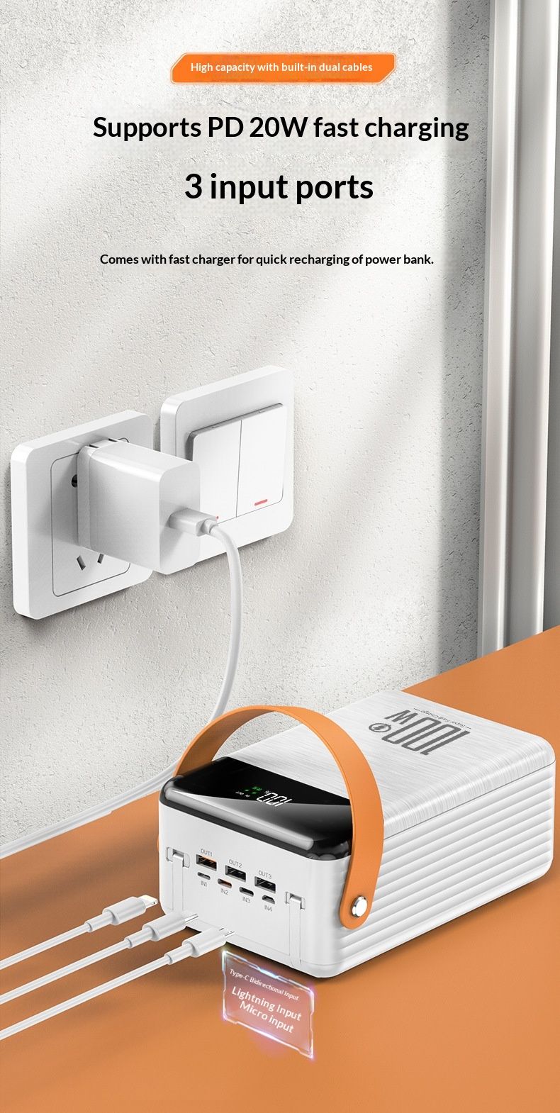 Cross-border Super Fast Charging Built-in Cable Power Bank 100000mAh Large Capacity Outdoor Portable Charger Custom_voghion.com