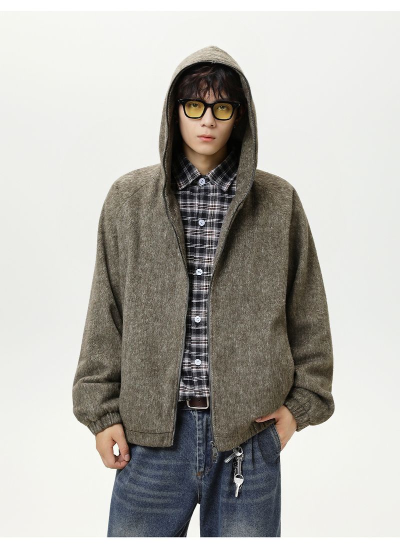 Giacca oversize con cappuccio in misto mohair – Streetwear vintage unisex (cachi/carbone, cardigan corto pesante)_voghion.com