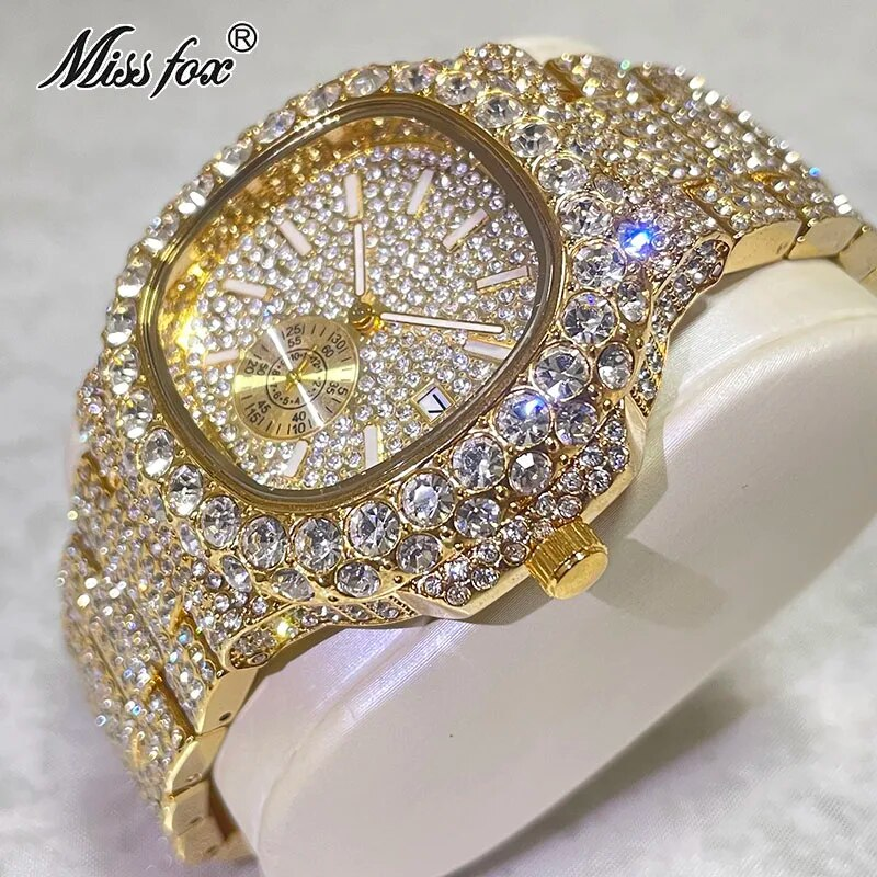 Hip Hop Marke MISSFOX Mode Iced Out Uhren Männer Voller Diamanten Gold Automatische Datum Uhr Stahl Wasserdichte Uhr Männlich_voghion.com