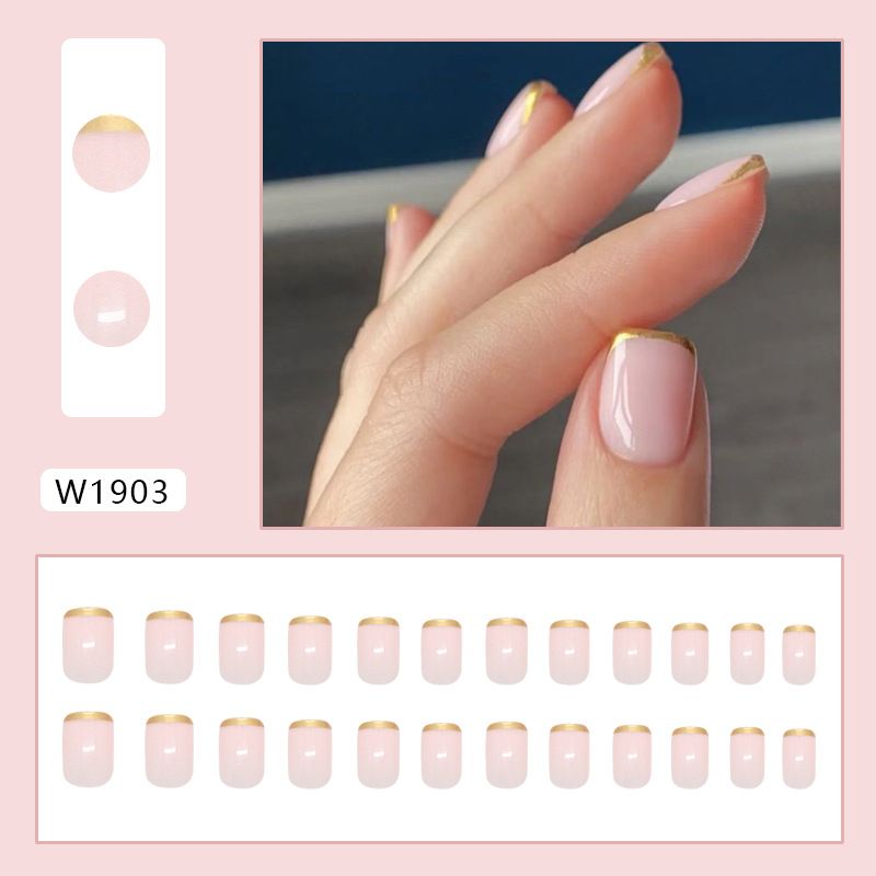 Romantic Gentle Gold Edge French Temperament White Wild Ins European And American Style Detachable Nail Art 24 Pieces_voghion.com