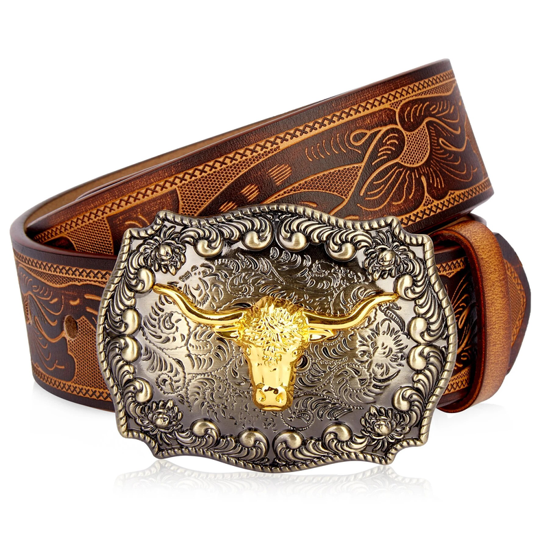 HOT BISON DENIM Herren Western Cowboy Gürtel Longhorn Bull Muster Schnalle Floral Echtes Leder Gravierte Gürtel Für_voghion.com
