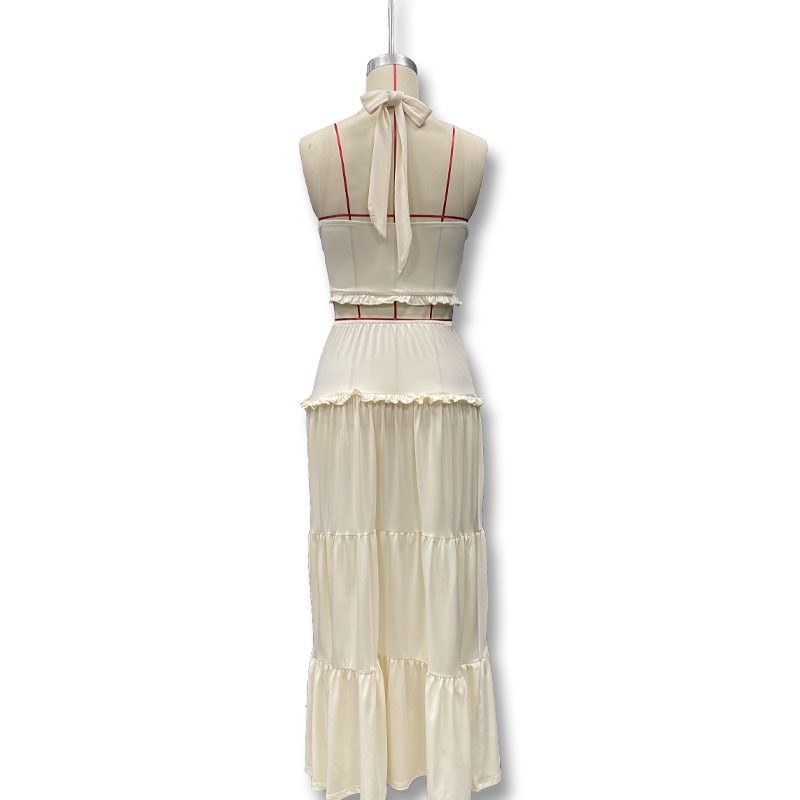 Conjunto de duas peças de blusa e saia longa com babados, moda inverno feminina, sexy, decote em V, estilo halter_voghion.com