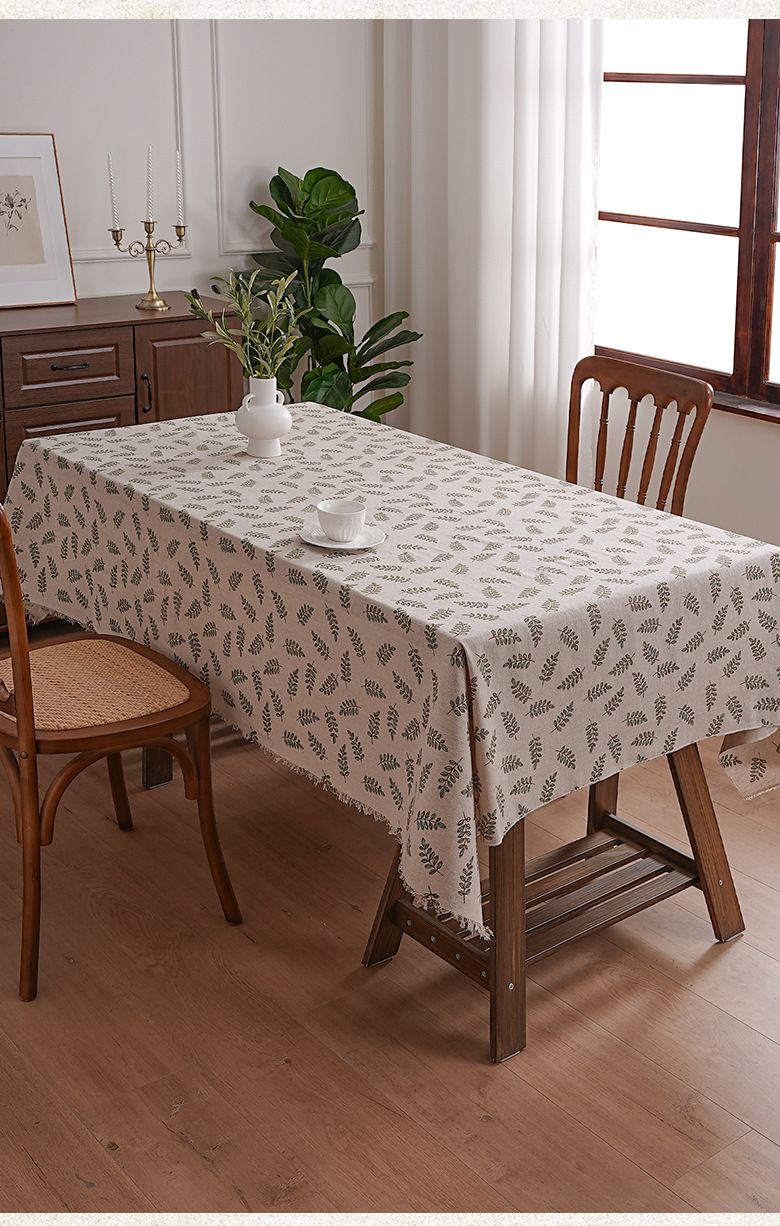 Cotton-Polyester Tablecloth With Willow Leaf Pattern - Rustic Farmhouse Rectangular Table Cover For Dining & Study (Dustproof, Decorative)_voghion.com