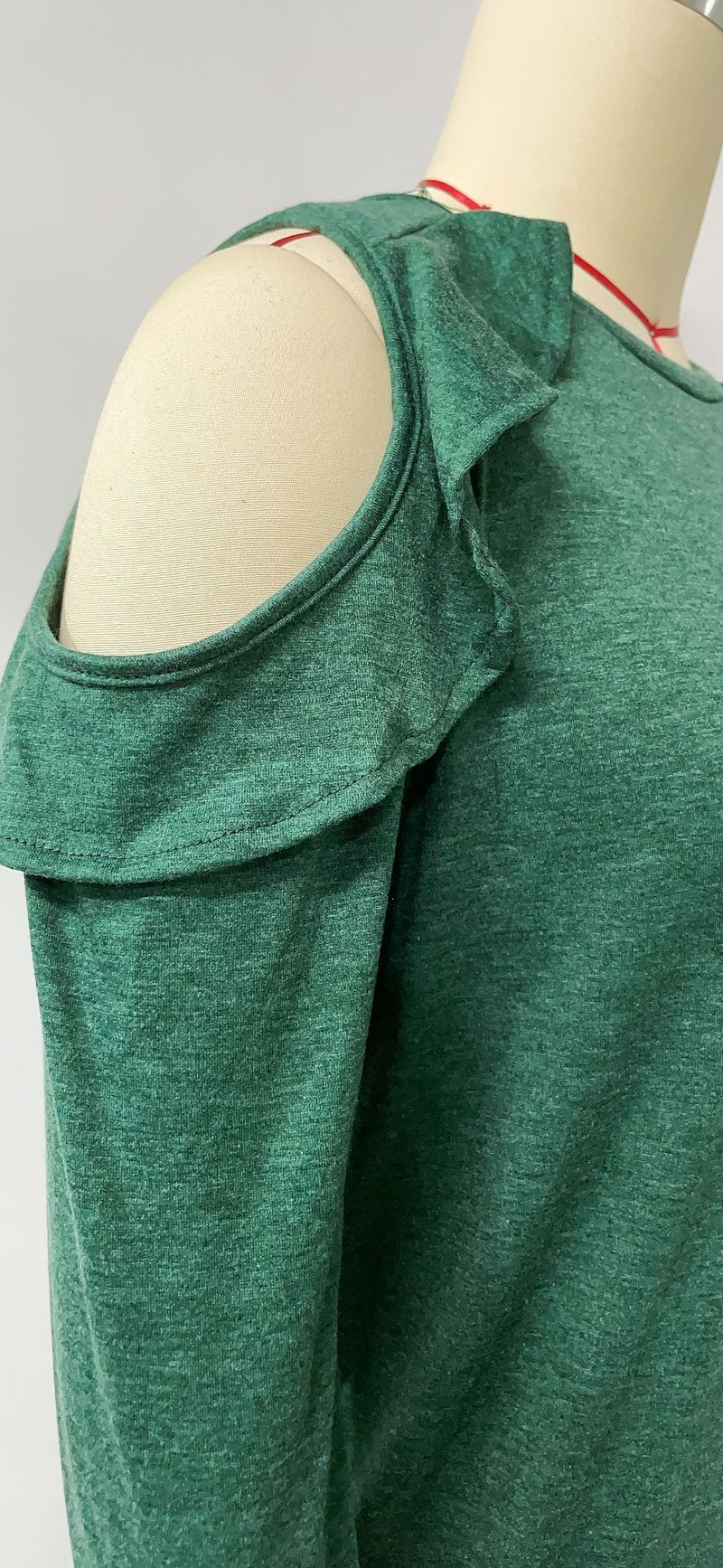 Top oversize da donna in maglia con spalle scoperte e orlo arricciato - Maglione casual in morbido misto cotone per autunno inverno_voghion.com