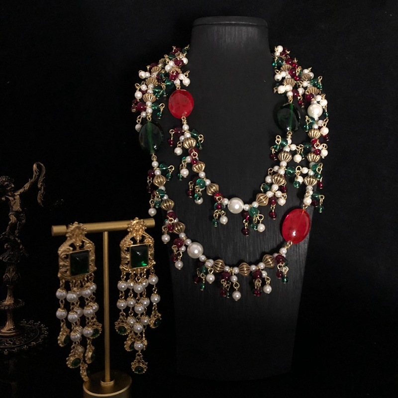 Cam inci çok katmanlı kolye İnci küpe seti abartılı retro uzun saçaklı küpe kolye_voghion.com