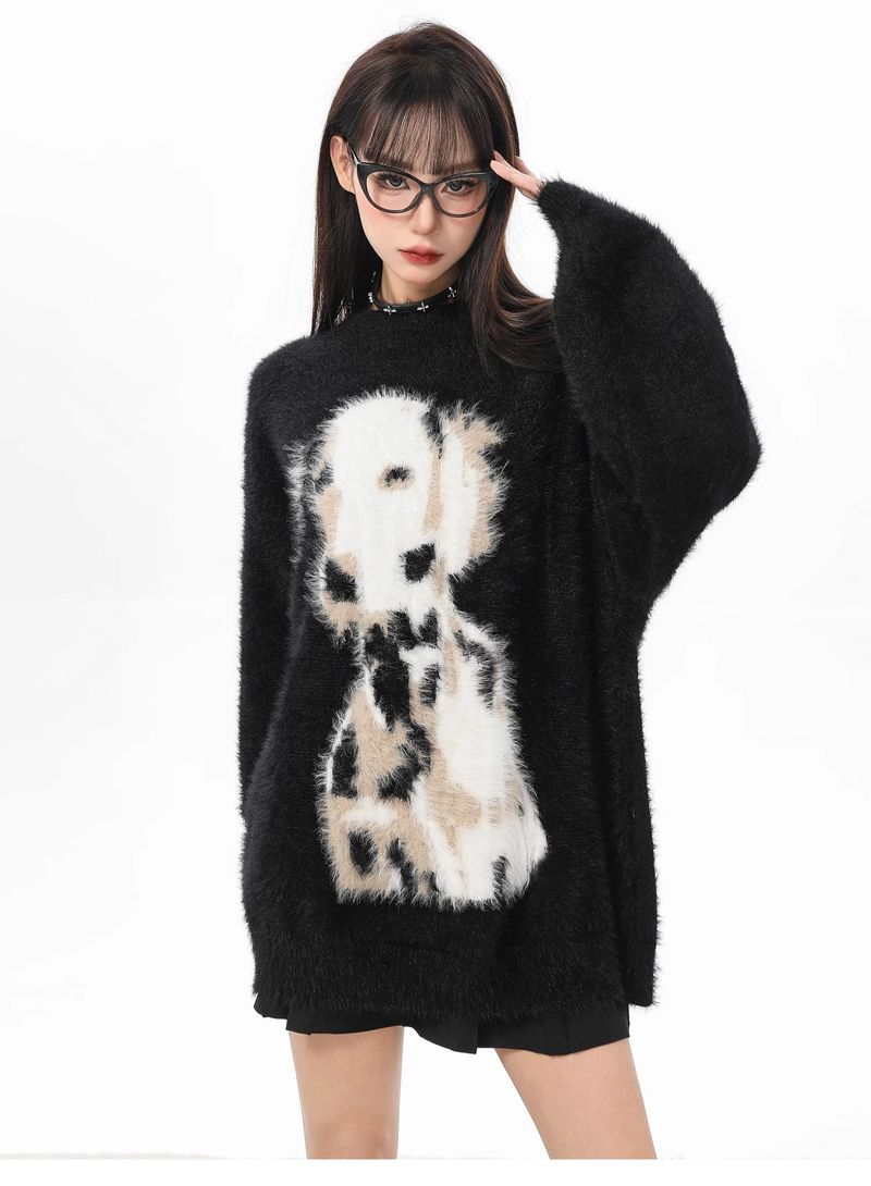 Suéter de terciopelo de visón con lunares negros para mujer, suave y holgado, de mohair, de longitud media, para otoño e invierno._voghion.com