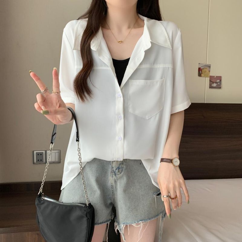 Abbigliamento da donna taglie forti, taglia grande, taglia grande, estivo, a maniche corte, tinta unita, temperamento, due pezzi, coprente per la pancia e anti-età, camicie casual per donna_voghion.com