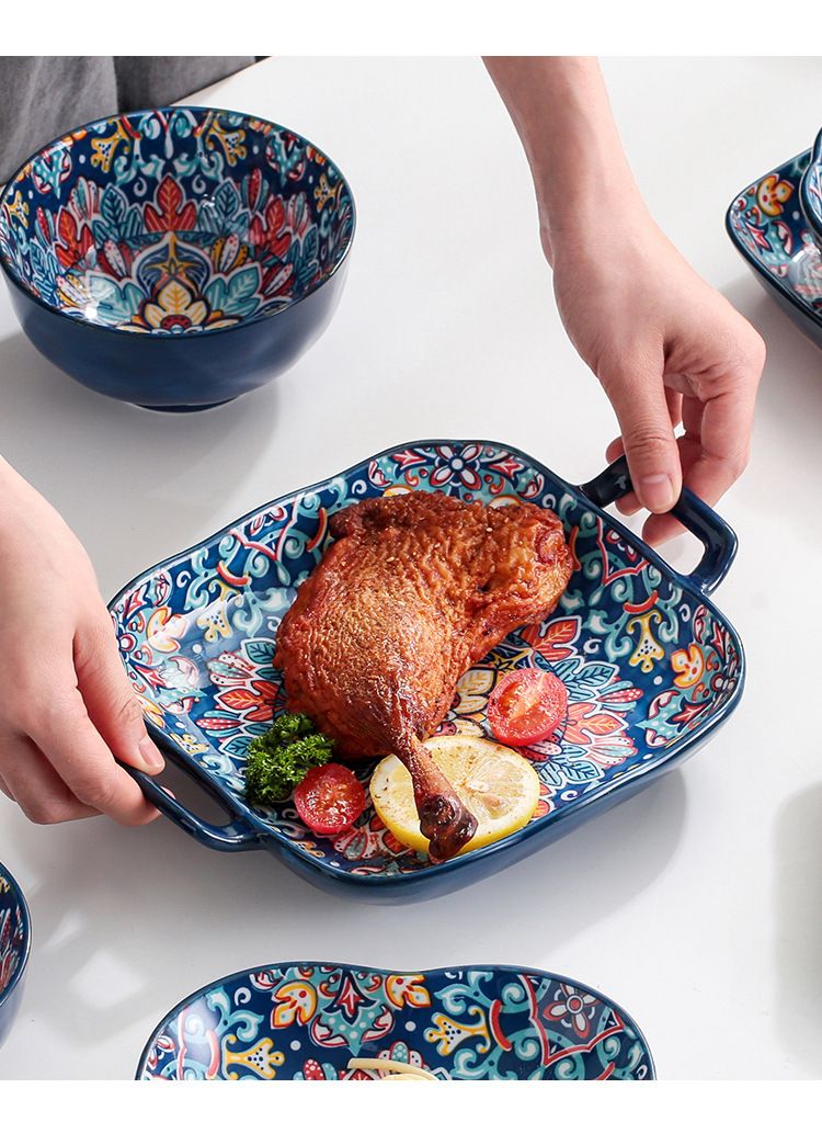Baroque Style Ceramic Dinnerware Set - 16-Piece Handled Bowls & Plates For Rice & Soup_voghion.com