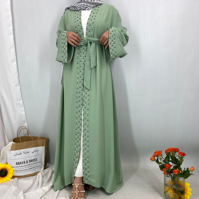 Neueste muslimische Abayas für Frauen islamische Mode Perlen Kimono Robe bescheidenes Kleid lange elegante Strickjacken Kleidung vorne offen Abaya_voghion.com