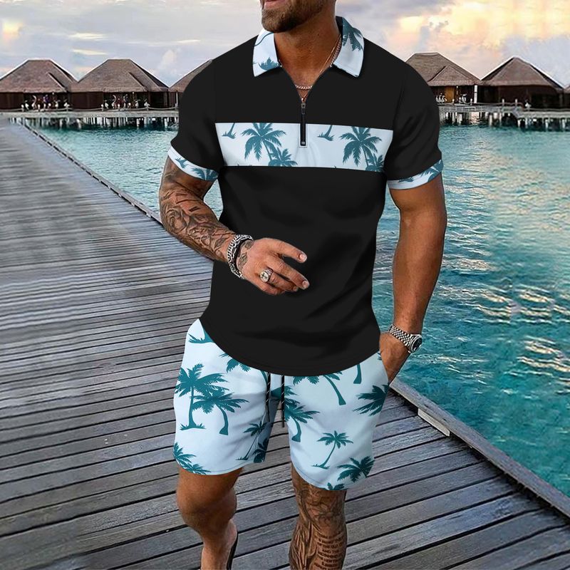 2-piece Men's Summer Holiday Style Outfit Set Short Sleeve Zip Golf Shirt & Waist Drawstring Shorts With Pockets Beach Resorts_voghion.com